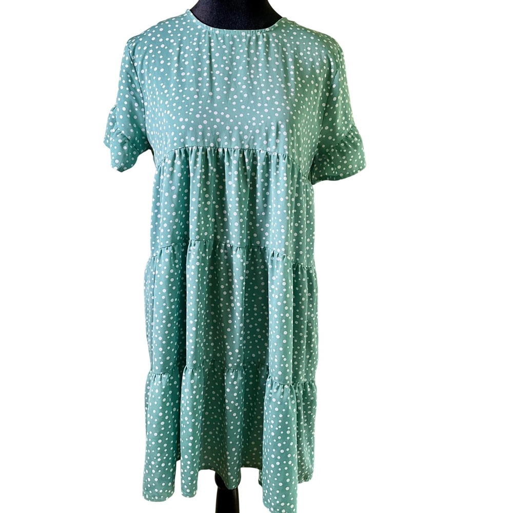 Sage Green Polka Dot Tiered Babydoll Dress Short Ruffle Sleeve Small Cottagecore